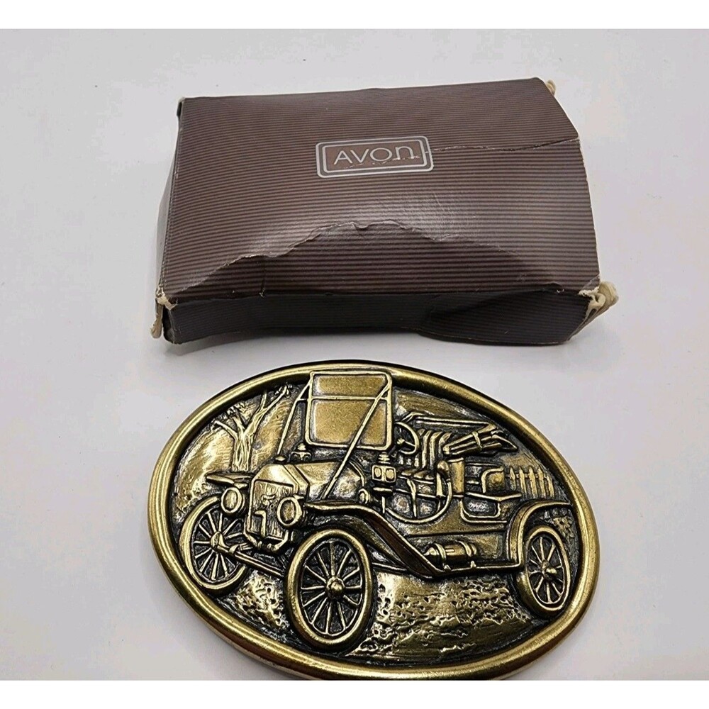 Vintage 1985 Avon Americana Model T Car Brass Belt Buckle & Box